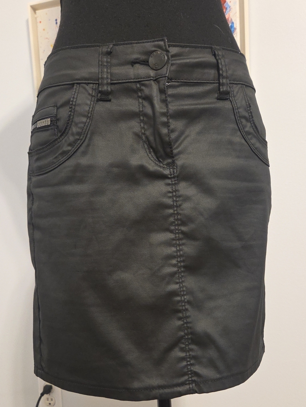 Black Waxed Fabric Pencil Skirt - Women